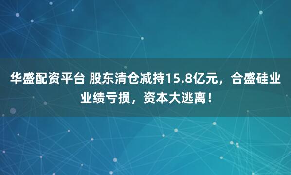 华盛配资平台 股东清仓减持15.8亿元，合盛硅业业绩亏损，资本大逃离！